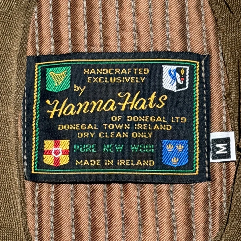 Vtg Hanna Hats Donegal Ireland Green Herringbone Wool Walking Hat Feather Mens M